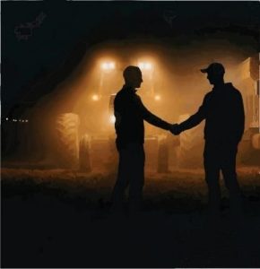 Two men shake hands by the lights of a tractor in the middle of a Saskatchewan field