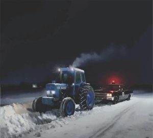 A tractor sits in front of a cruiser on a snow riddled stretch of gravel road.